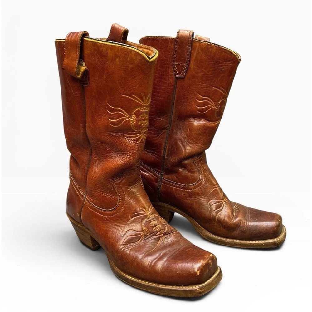 Vintage Sears Western Cowboy Boots Brown Leather Square Toe USA Men's 8D Ranch